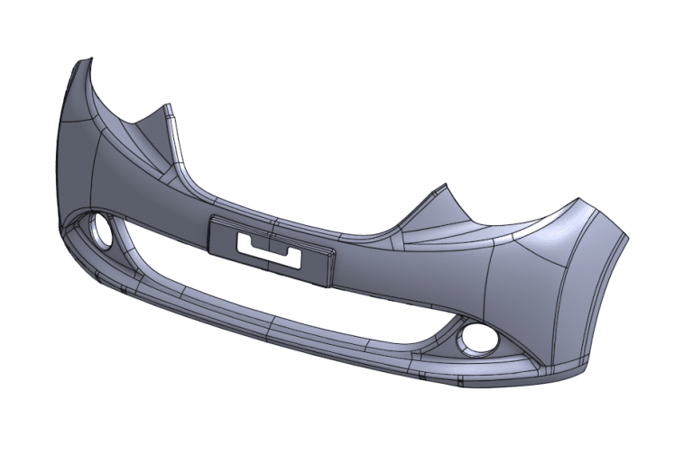 A 3D model of the front bumper of a car made with injection molding materials.